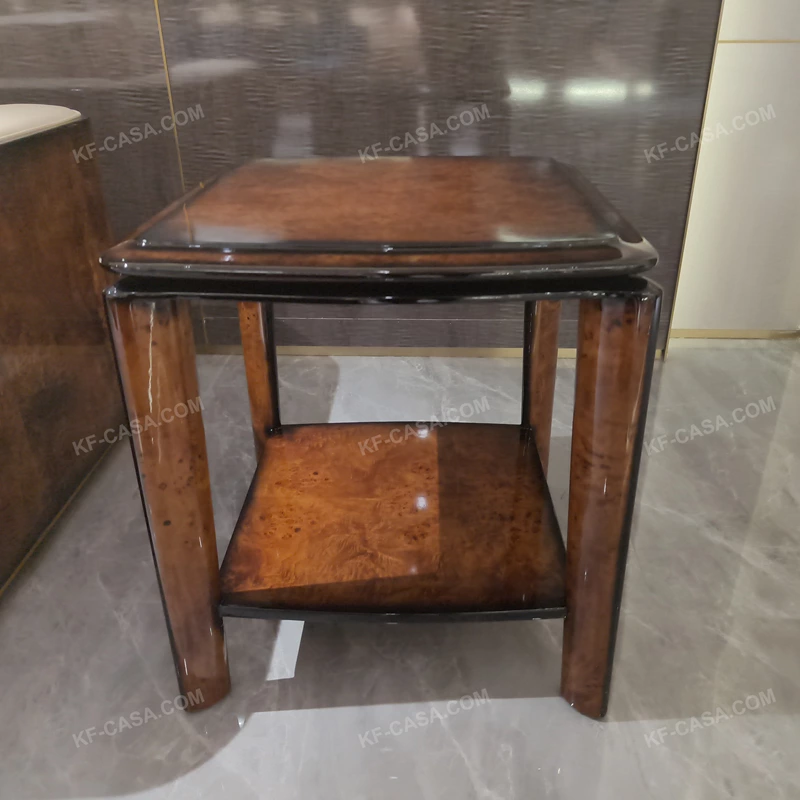 Rounded Square Burl-Veneer Sofa Side Table with Layered Top, Tapered Legs and Lower Display Shelf